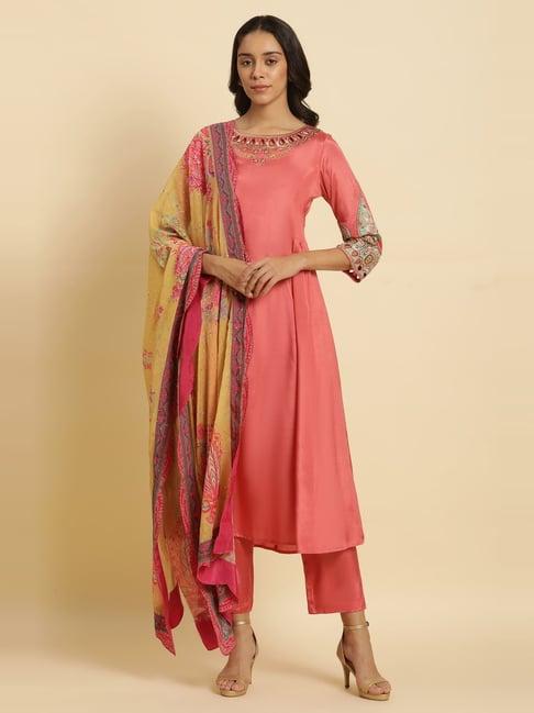 wishful by w peach embroidered kurta pant set with dupatta