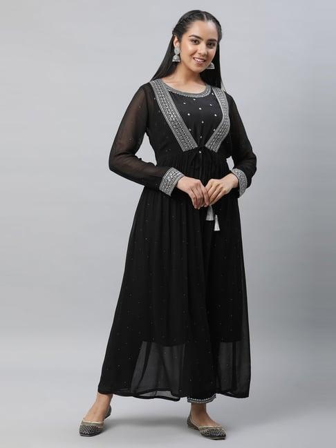 aurelia black embroidered kurta pant set with gilet