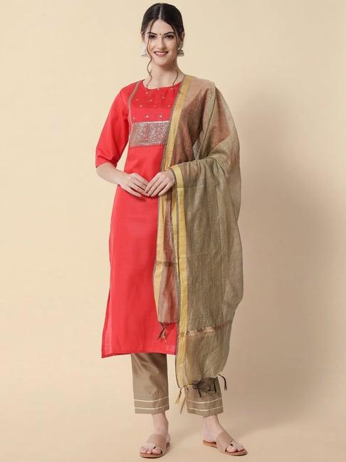 vredevogel red & beige cotton embellished kurta pant set with dupatta