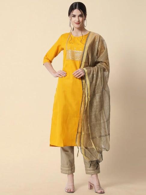 vredevogel yellow & beige cotton embellished kurta pant set with dupatta