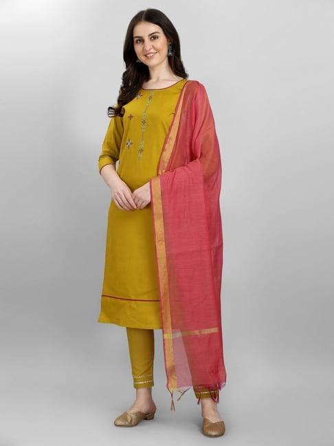 vredevogel mustard cotton embroidered kurta pant set with dupatta