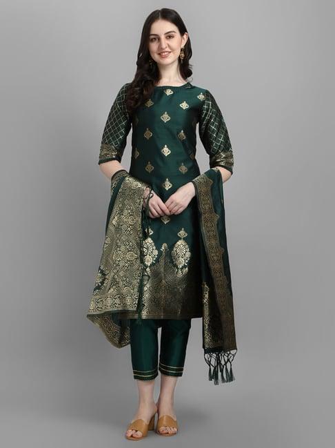 vredevogel bottle green woven pattern kurta pant set with dupatta