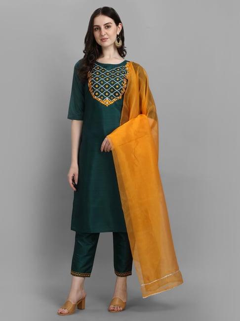 vredevogel bottle green embroidered kurta pant set with dupatta