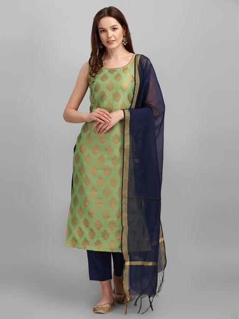 vredevogel pista green & navy woven pattern kurta pant set with dupatta