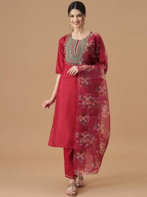 vredevogel cherry red embroidered kurta pant set with dupatta