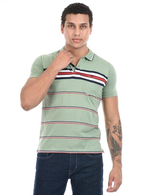 cloak & decker by monte carlo light green regular fit striped polo t-shirt