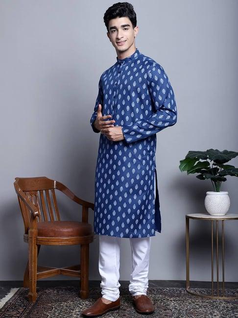 jompers navy blue regular fit printed kurta bottom set