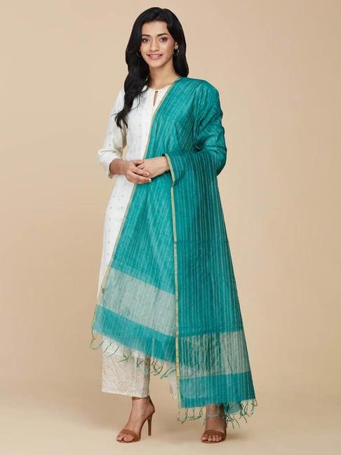 fabindia teal cotton silk woven dupatta