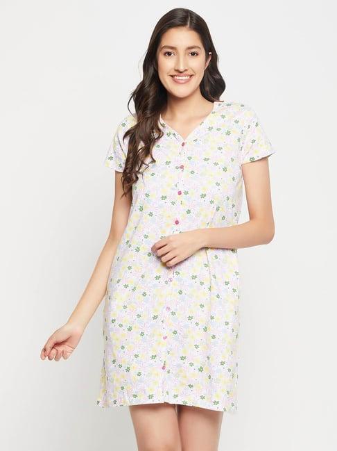 clovia white cotton floral print night dress