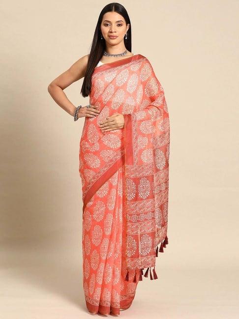 silk land peach printed saree with unstitched blouse