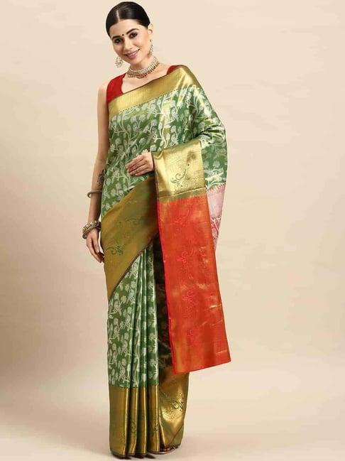 silk land green woven saree with unstitched blouse