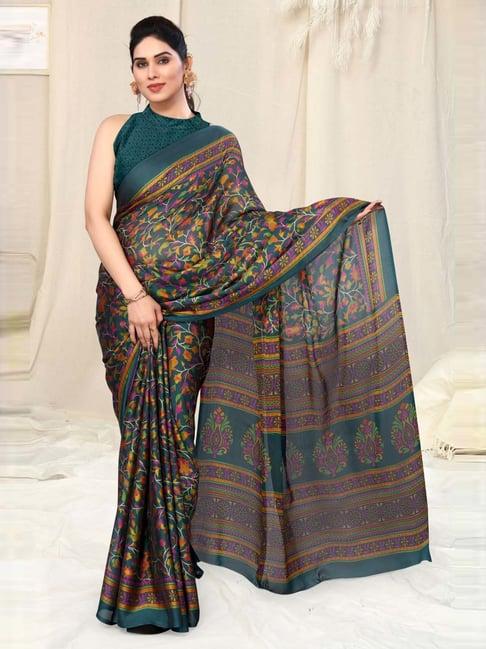 mirchi fashion teal green floral print saree with unstitched blouse