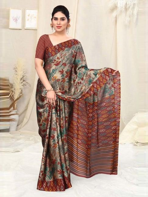 mirchi fashion beige & maroon floral print saree with unstitched blouse