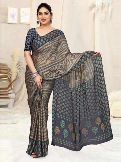 mirchi fashion beige & navy floral print saree with unstitched blouse