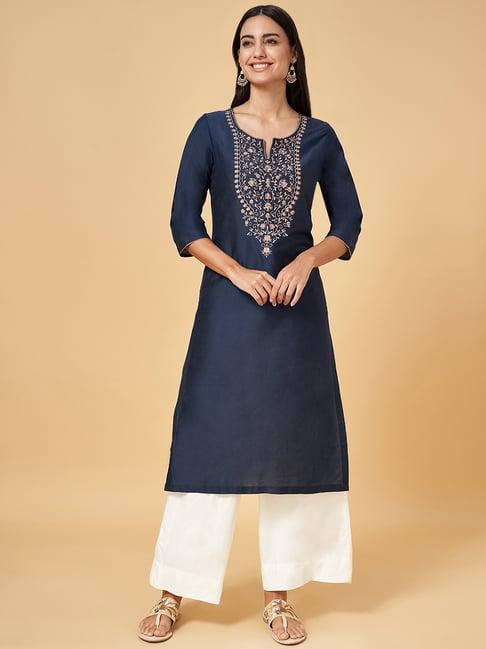 rangmanch by pantaloons blue embroidered straight kurta