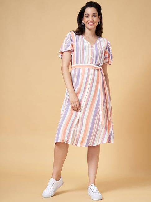 honey by pantaloons lilac & cream striped a-line dress