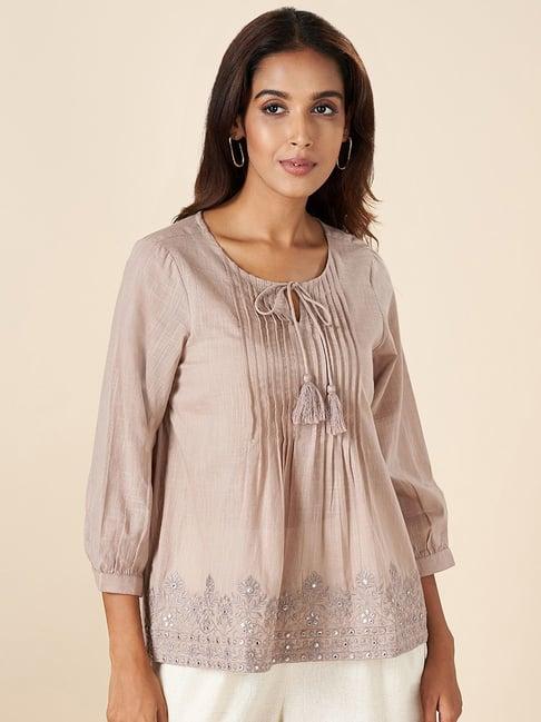 akkriti by pantaloons taupe cotton embroidered tunic