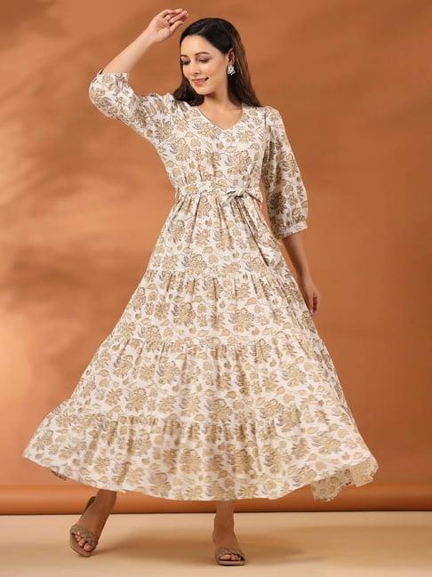 jaipur kurti beige cotton floral print maxi dress