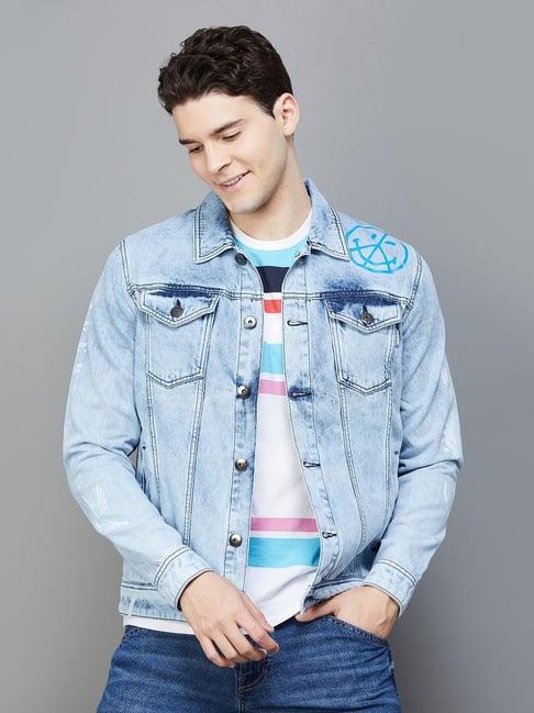 smileyworld light blue regular fit printed denim jacket