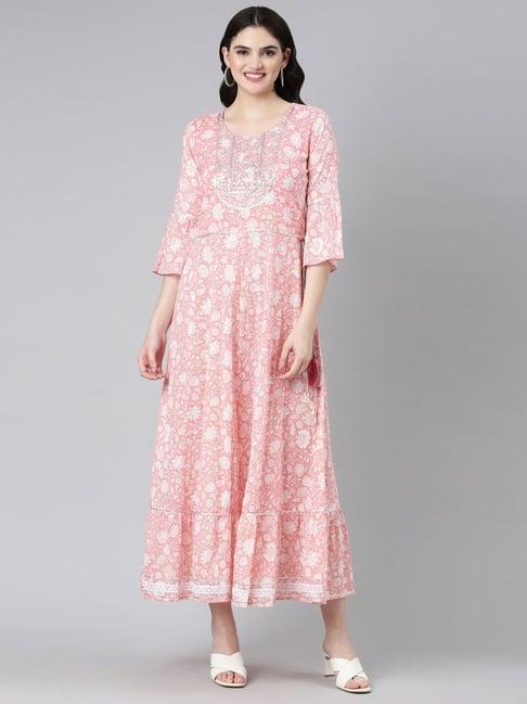 neerus pink printed maxi dress