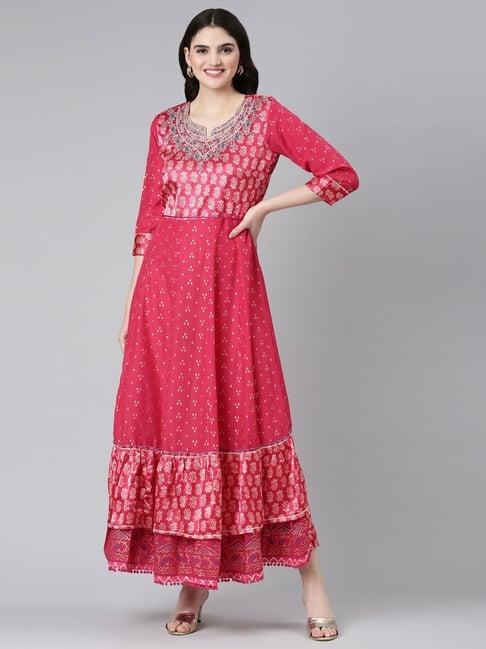 neerus dark pink printed maxi dress