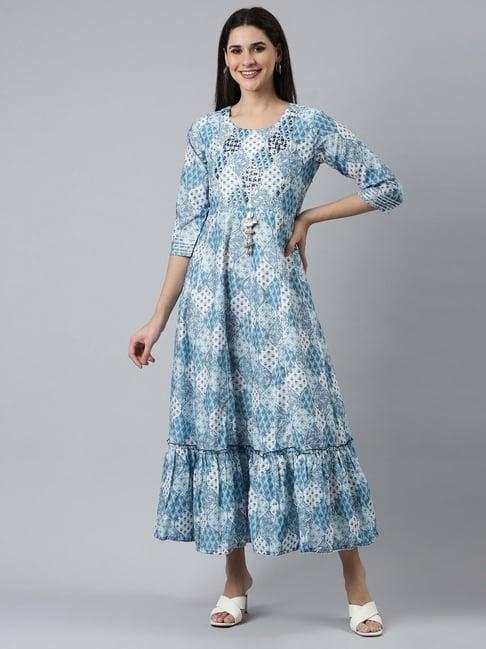 neerus blue printed maxi dress