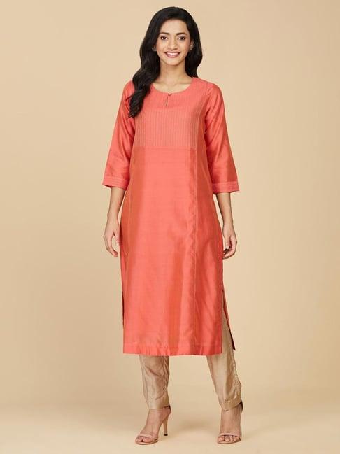 fabindia orange cotton silk straight kurta