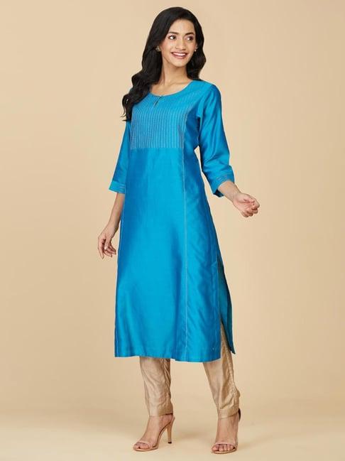 fabindia turquoise cotton silk straight kurta