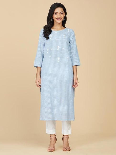 fabindia blue cotton striped straight kurta