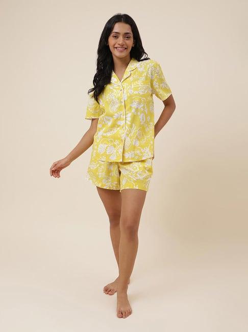 fabindia yellow cotton printed shirt with shorts