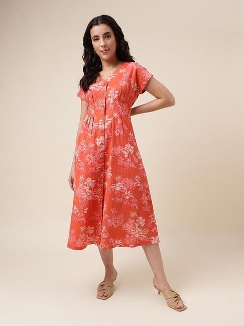 fabindia peach floral print midi dress