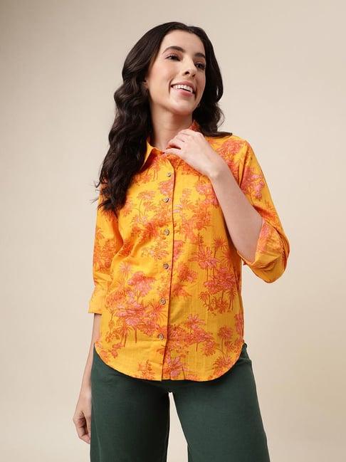 fabindia yellow cotton printed shirt