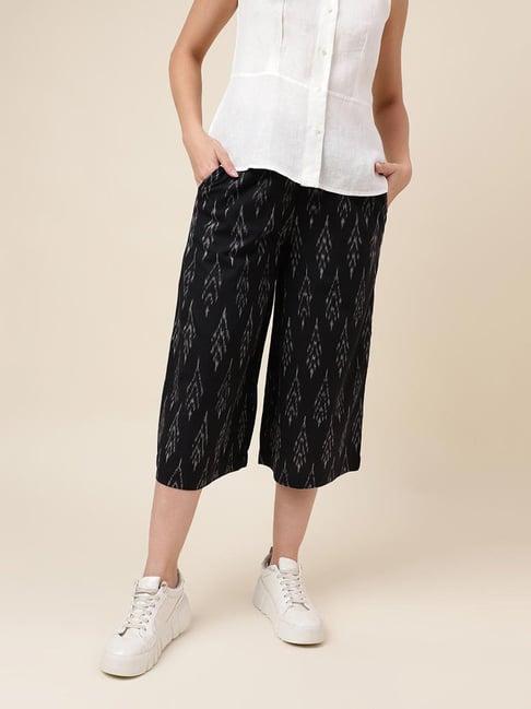 fabindia black cotton ikat regular fit mid rise culottes