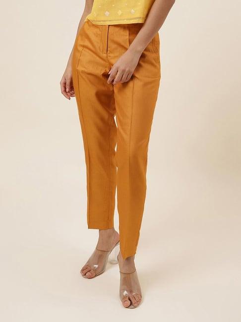 fabindia mustard slim fit mid rise trousers