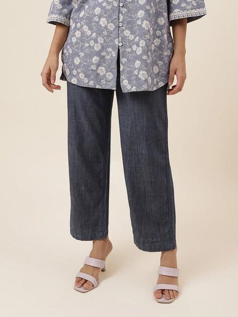 fabindia blue cotton regular fit mid rise pants