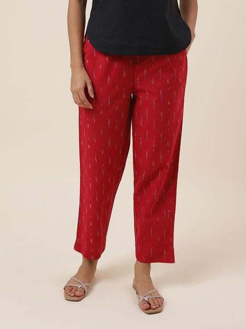 fabindia red cotton ikat regular fit mid rise pants