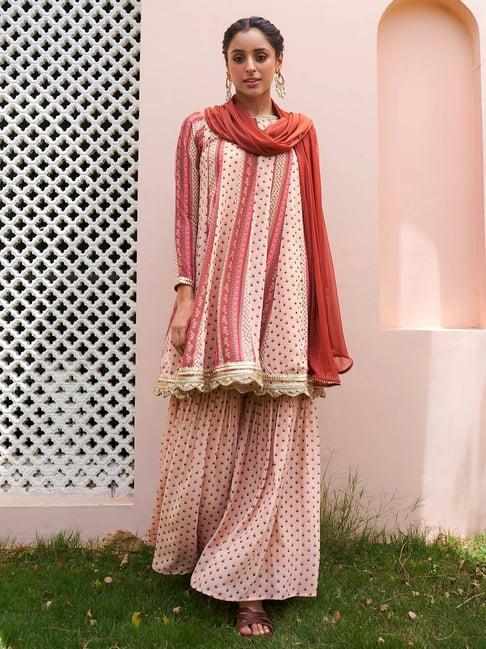 janasya multicolor floral print kurta with sharara & dupatta