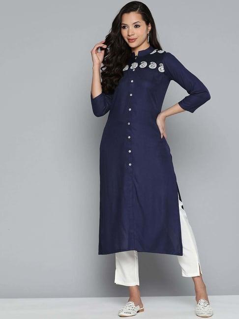 jompers navy straight embroidered kurta