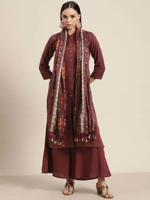 jompers brown embroidered kurta palazzo set with dupatta