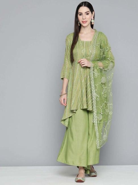 jompers green embroidered kurti palazzo set with dupatta