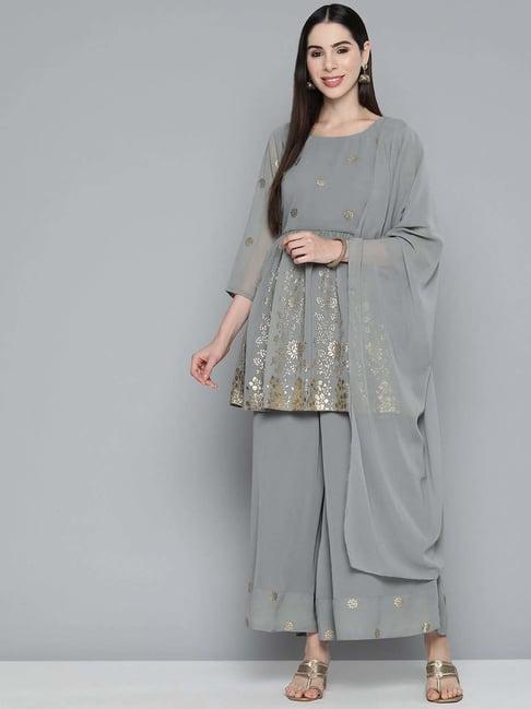 jompers grey printed kurti palazzo set with dupatta