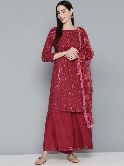 jompers maroon embroidered kurta palazzo set with dupatta