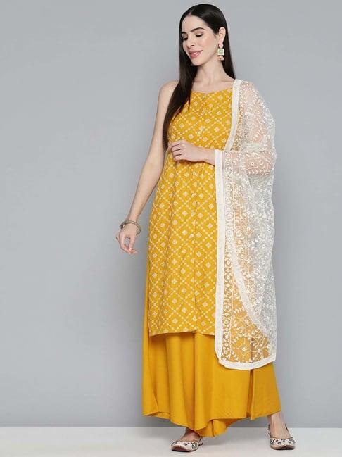 jompers mustard & white printed kurta palazzo set with dupatta