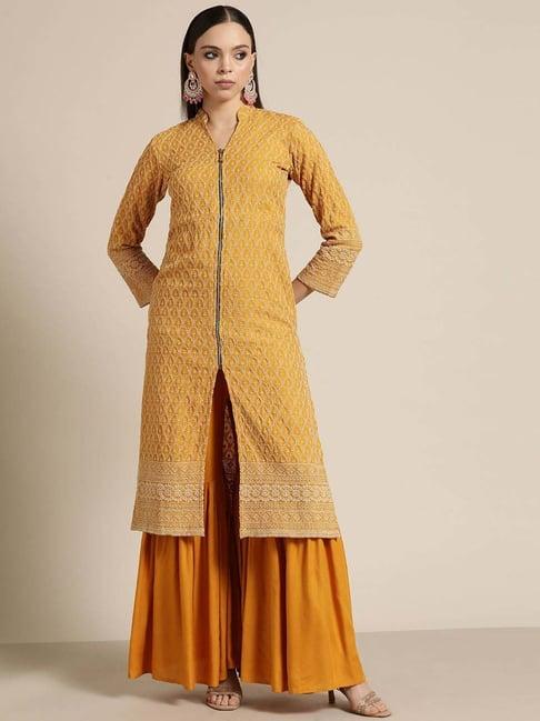 jompers mustard embroidered kurta palazzo set with dupatta