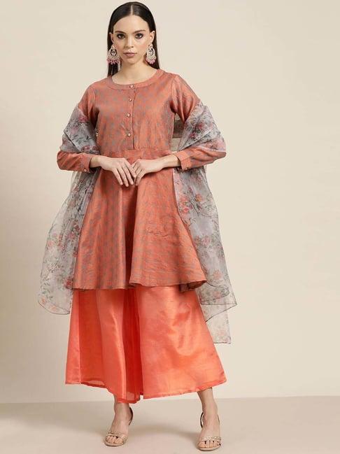 jompers orange embroidered kurti palazzo set with dupatta