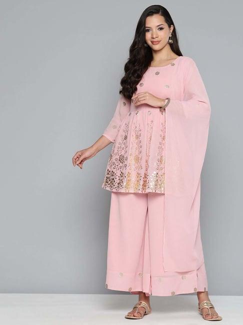 jompers pink printed kurti palazzo set with dupatta