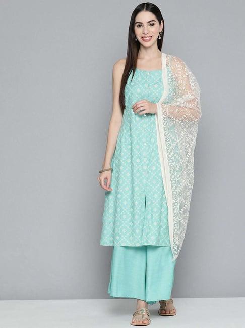 jompers sky blue printed kurta palazzo set with dupatta