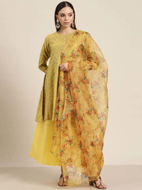 jompers yellow embroidered kurti palazzo set with dupatta