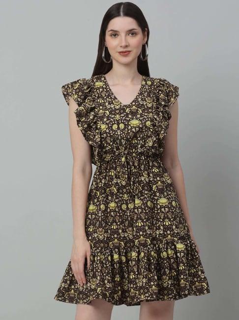 jainish brown printed a-line dress