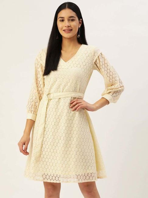 jainish cream cotton self pattern a-line dress with belt